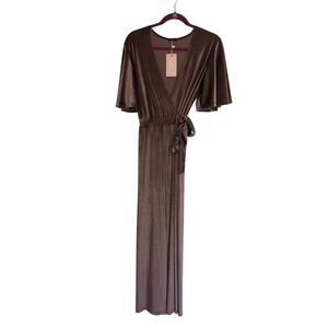 Velvet Wrap Dress Mia Dream Design Size S Maxi Wedding Evening Taupe Brown NEW
